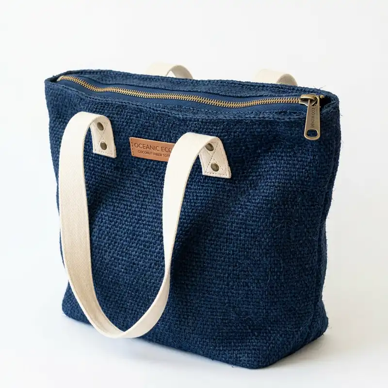 Indy dyed navy blue coconut fiber zippered holiday tote bag with canvas straps.