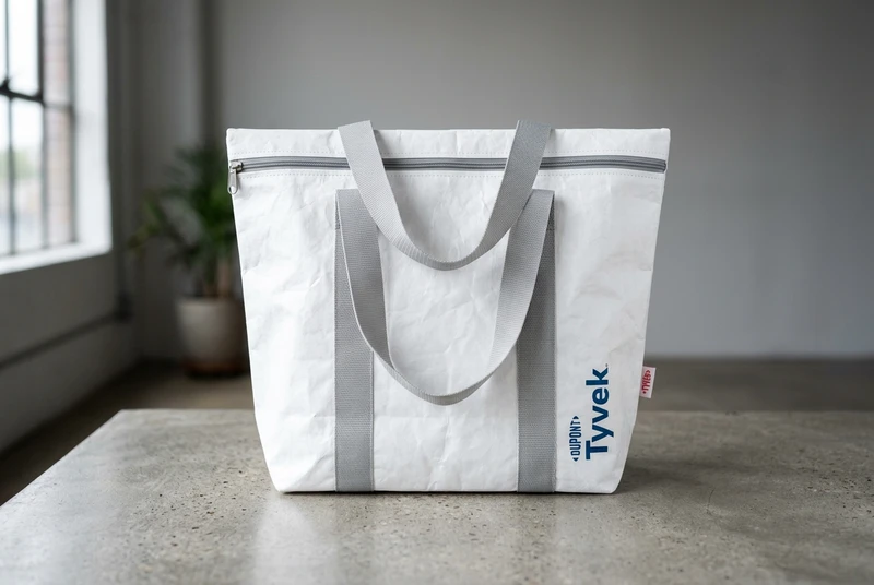 White Tyvek tote bag with top zipper closure and comfortable webbing handles.